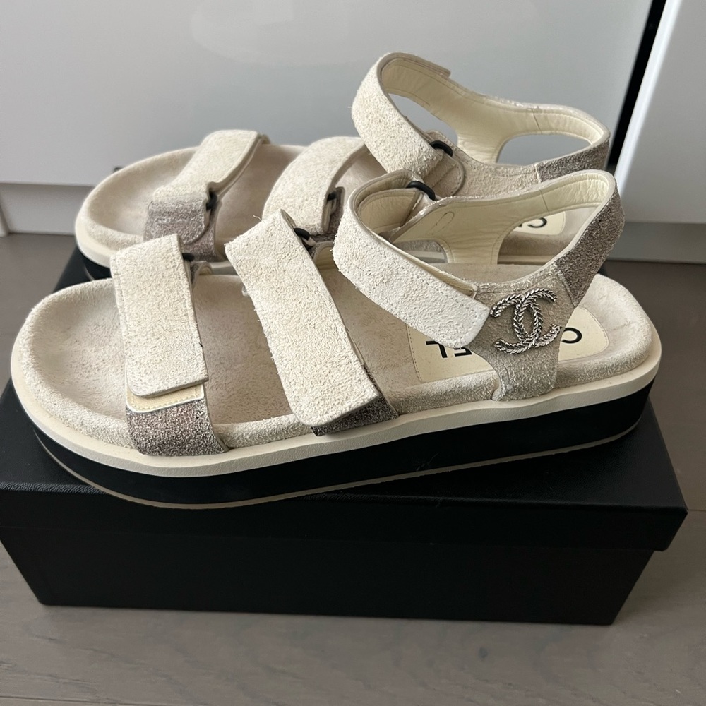 CHANEL Suede Calfskin Velcro Flat Sandals